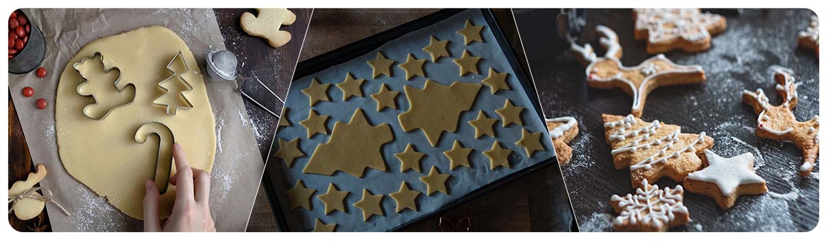 cutting out, baking and decorating Christmas biscuits