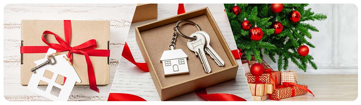 Keys in a present and presents under a tree