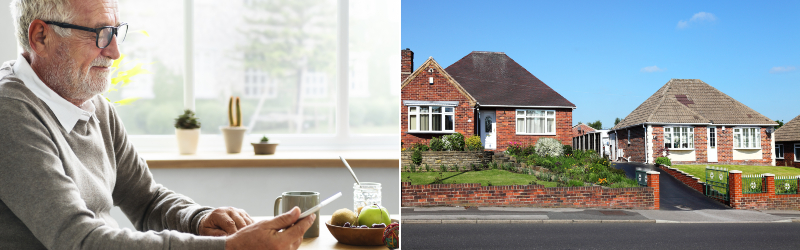 Elder man on device, bungalow property