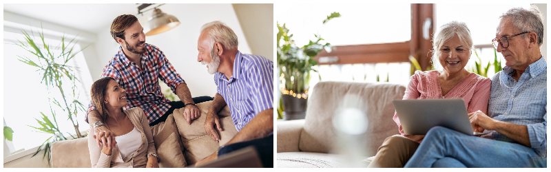 Elderly parent talking with children and looking at computer for options