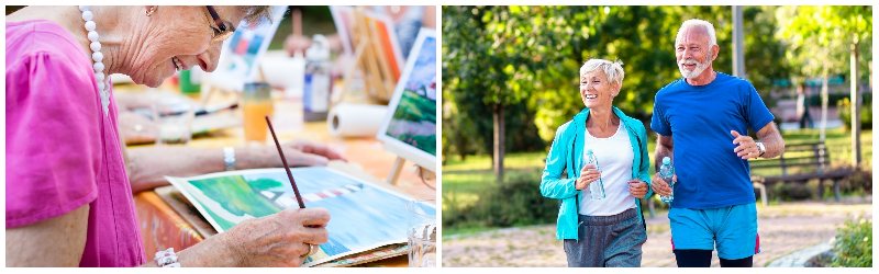 Elderly woman painting and an elderly couple going for exercise