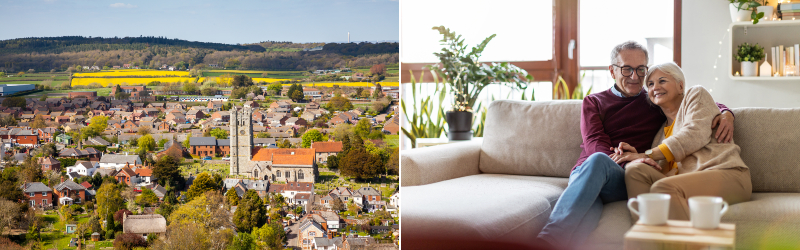 Town Aerial View and Couple on Sofa