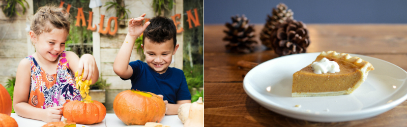 Children carving pumpkins and pumpkin pie